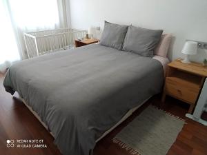 a bedroom with a large bed with grey sheets and pillows at Mediterraneo-Chic 120 in Benicàssim