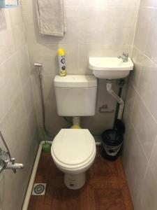 Un baño con un inodoro blanco y un lavabo. en El quincho, en San Pedro