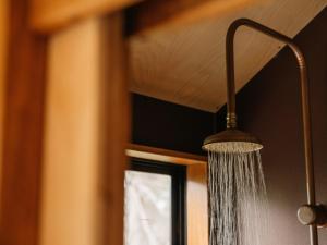 Pipers CreekDesigner Private Off Grid Cabin with Lake Access - Esti的天花板上挂着水管的淋浴