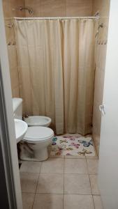 a bathroom with a toilet and a shower curtain at Departamento Temporario en Tres Arroyos in Tres Arroyos