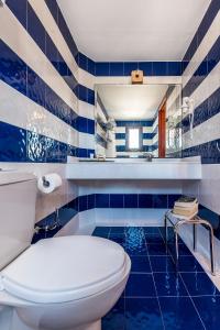 a blue and white bathroom with a toilet and a mirror at Villa Lindos Muse in Líndos