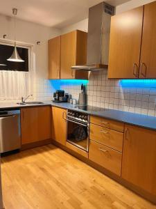 une cuisine avec des armoires en bois et un four à plaques de cuisson dans l'établissement Sandavad, à Reykjavik