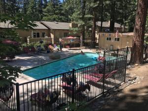 a swimming pool in a yard with a fence at Sugar PIne home in Incline Village