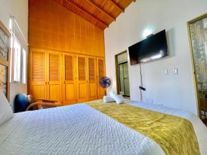 a bedroom with a large bed and a flat screen tv at Hotel Torre Primavera in Medellín