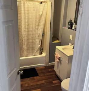 a bathroom with a toilet and a sink and a shower at Dream Inn LLC Rm# 7 in Fitchburg