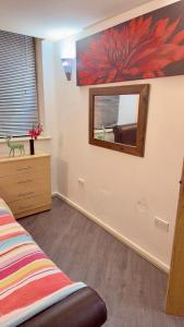 a bedroom with a mirror on the wall and a dresser at City Park View Bradford City Center in Bradford