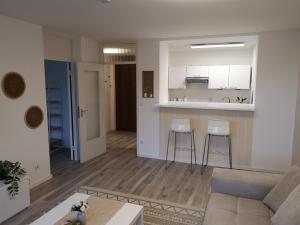 ein Wohnzimmer mit Sofa und eine Küche in der Unterkunft BonnJour - 7 Lounge Apartment in Bonn