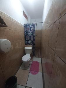 a small bathroom with a toilet and a shower at Hotel TINAMIT in San Pedro La Laguna