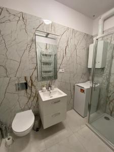 a bathroom with a toilet and a sink and a mirror at Apartament Kapitańska in Szczecin +7 photos
