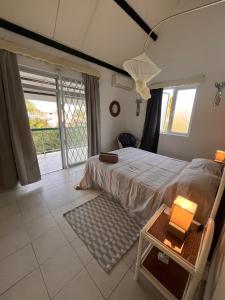 a bedroom with a bed and a large window at Baobab 3 Apartment in Grand-Baie