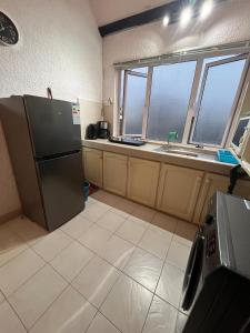 a kitchen with a refrigerator and a sink at Baobab 3 Apartment in Grand-Baie