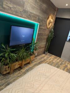 a large flat screen tv in a room with a fish tank at La promenade in Rennes +4 photos