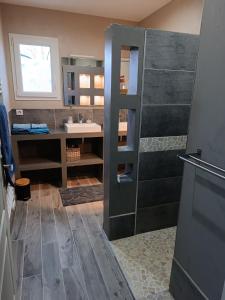 a bathroom with a shower with a sink and a mirror at Une escale gourmande in Eyzerac