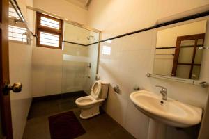 ein Badezimmer mit Waschbecken, Toilette und Spiegel in der Unterkunft Rose Villa Diyathalawa with Panoramic Train View in the Mountains in Diyatalawa