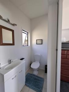 a bathroom with a white sink and a toilet at Shambala in Te Kauwhata