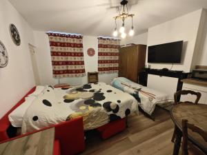 a bedroom with two twin beds and a tv at Serre Chevalier 2 pièces au cœur du centre historique in Briançon