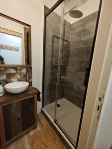a bathroom with a shower and a sink at Serre Chevalier 2 pièces au cœur du centre historique in Briançon +14 photos
