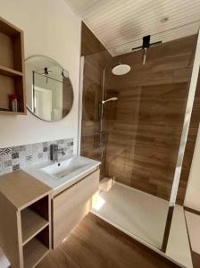 ラ・ロッシュ・シュル・ヨンにあるMaison Centre villeの洗面台と鏡付きシャワーを備えたバスルーム +5枚の写真