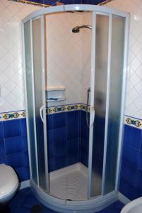 a shower in a blue tiled bathroom with a toilet at Hotel La Certosa in Massa Lubrense