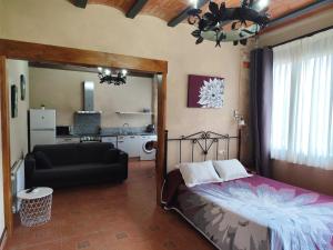 a bedroom with a bed and a couch and a mirror at Estudio El Tosca in Beceite +30 photos