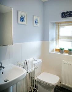 ein Badezimmer mit einer weißen Toilette und einem Waschbecken in der Unterkunft Skipton Centre, superb 2 bedroom cottage in Skipton