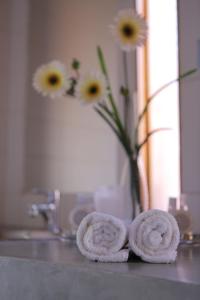two rolled towels on a counter with a vase with flowers at Hotel Tulor in San Pedro de Atacama
