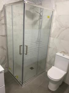 a bathroom with a glass shower with a toilet at Lucy lux apartament in Las Palmas de Gran Canaria +10 photos