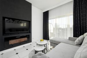 a living room with a couch and a tv at Luxury Apartment 23 basen i sauna D&D Apartments in Dziwnów