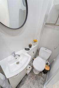 a bathroom with a sink and a toilet and a mirror at Centrinis butas šalia senvagės in Panevėžys