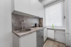 a kitchen with a sink and a window at Centrinis butas šalia senvagės in Panevėžys