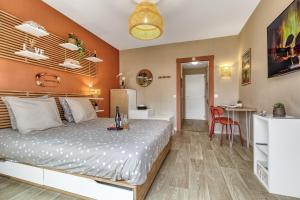 a bedroom with a bed and a desk in a room at Studio Victoria SPA - Hyper-centre - Hammam - Lit Queen Size - Wi-fi in Aix-les-Bains