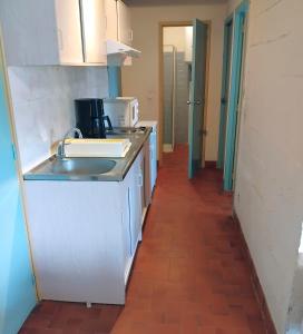 een keuken met een spoelbak en een aanrechtblad bij Canopéa by ULVF in Sainte-Marie-la-Mer