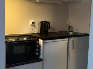 a kitchen counter with a microwave and a sink at Apartment near city center with free parking in Bergen