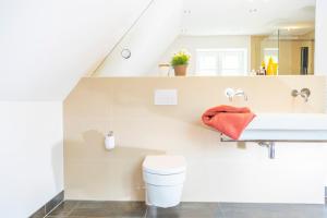 a bathroom with a white toilet and a sink at Dünenwind in Sankt Peter-Ording +17 photos