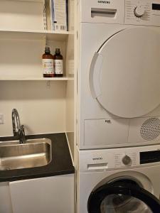 een keuken met een wasmachine en een wastafel bij Fam house in Malling