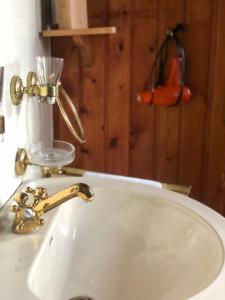 a white sink with a gold faucet on a counter at Authentiek, Vintage Chalet aan de Bosrand in Weyer
