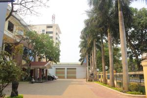 a driveway with palm trees in front of a building at Hoa Binh Hotel in Dong Hoi