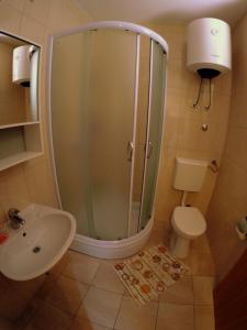 een badkamer met een douche, een wastafel en een toilet bij Apartments Dalmatino in Dubrovnik