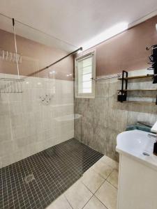 a bathroom with a shower and a sink at Chez Papoum et Lilou, vue imprenable avec terrasse au calme in Limoux