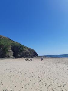 a sandy beach with people and the ocean in the background at Calmos Cottage in Barneville-Carteret