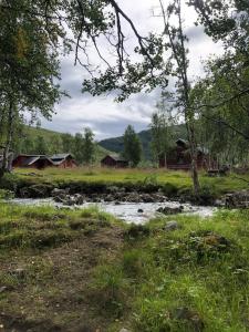 a river in a field with buildings in the background at Bella Karnes in Oksevik
