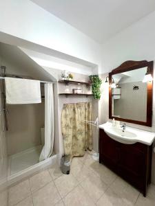 a bathroom with a sink and a shower and a mirror at Appartamento tra il borgo e il lago in Anguillara Sabazia