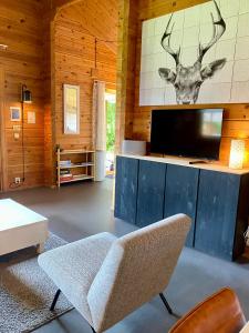 GramsbergenにあるHip Huisje van Houtのリビングルーム(テレビ、椅子付)