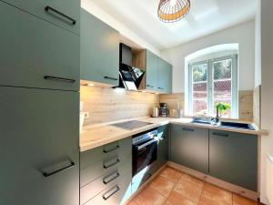 a kitchen with green cabinets and a sink at Villa Monsei in Bad Schandau in Bad Schandau