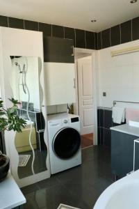 a bathroom with a washing machine and a sink at Cerise's home - Cosy flat 15min from Paris with hot tub in Levallois-Perret