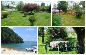 a collage of pictures of a park with a table and a lake at GITE COSY "LE CLAIRBIER" AVEC CHEMINEE ET JACUZZI à St Laurent en Grandvaux in Saint-Laurent-en-Grandvaux