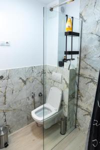 a bathroom with a toilet and a glass shower at Tudor Central Apartment in Bistriţa +12 photos