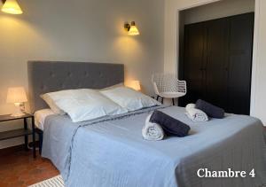 ein Schlafzimmer mit einem Bett mit zwei Handtüchern darauf in der Unterkunft Maison Le Balcon du Lac in Les Salles-sur-Verdon