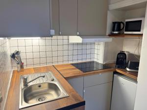 a small kitchen with a sink and a microwave at Nid Bleu - Central - Wifi - Équipé in Dax +7 photos