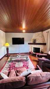 a living room with a couch and a fireplace at Casa na serra in Campos do Jordão